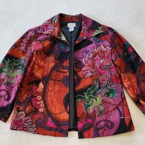 Chico’s Silk Blend Open Front Art Print Jacket Floral Multicolor Size 0
